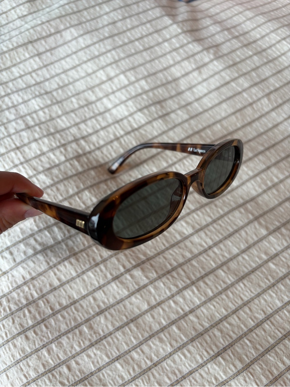 Le Specs Tortoiseshell Oval Sunglasses with Green Lenses